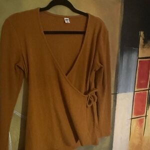 Old Navy Ribbed Wrap Sweater in Mustard Brown